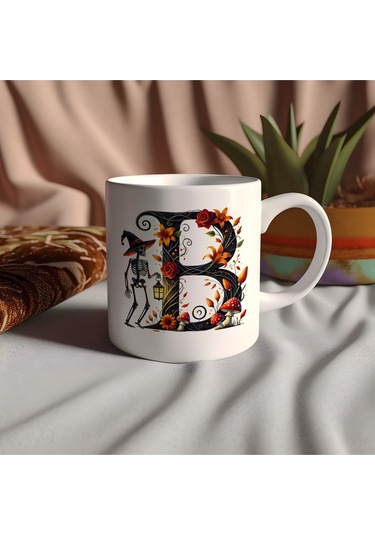 B Harfi Şapkalı İskelet Figürlü Ve Çiçekli Kupa Bardak - Cadılar Bayramı / Halloween Özel Hediye Beyaz