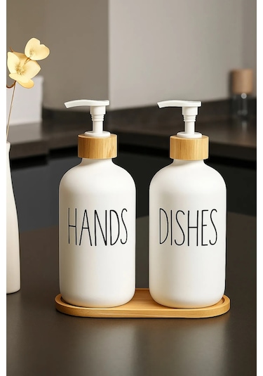 2'li Seramik Sıvı Sabunluk Seti Bambu Kapaklı Ve Standlı 550 Ml Hands & Dishes Mutfak Sabunluk Seti Beyaz - Şeffaf