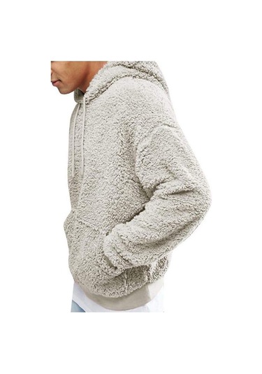 Erkekler Kalın Polar Peluş Sıcak Hoodie Kazak Kış Peluş Kürk Kapşonlu Tişörtü Gri