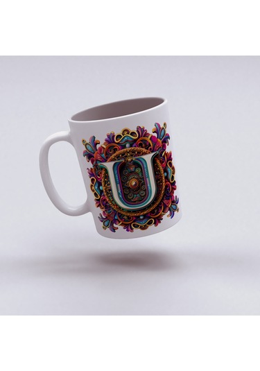 U Harfi Boho Bardak, Renkli Özel Tasarım Hediyelik Harfli Kupa, 330ml Porselen Beyaz