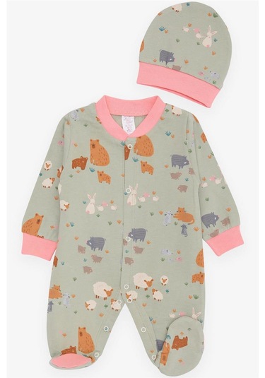 Breeze Kız Bebek Patikli Tulum Bahar Temalı Hayvancık Desenli 0-3 Ay-6 Ay, Mint Yeşili-Mint Yeşili