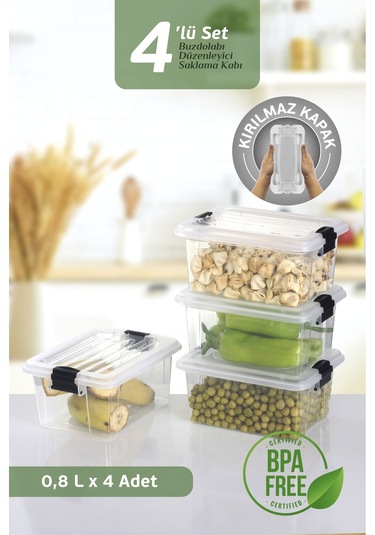 4'lü Set - 800ml Kilit Kapaklı Erzak Saklama Kabı Difriz Buzdolabı Düzenleyici Saklama Kutusu Şeffaf Şeffaf