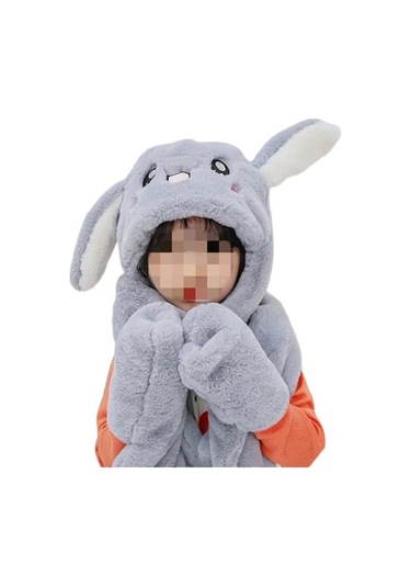 Kulakları Hareket Ettiren Tavşan Atkı Eldiven Peluş Şapka Xmx4Zb Gri