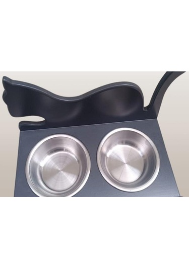 Hobi Erc Model 90375 Küçük Kedi Mama Su Kabı Mdf Antrasit Renk Paslanmaz Tabak