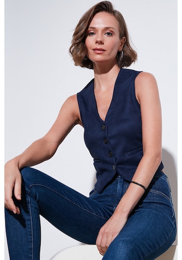 Lela Fitted Scuba Süet V Yaka Düğmeli Bayan Yelek 5865576 Lacivert