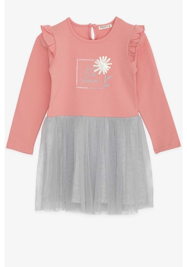 Breeze Kız Çocuk Uzun Kollu Elbise Pullu Çiçek Baskılı 3-8 Yaş, Gülkurusu