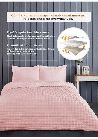 Evlen Home Joy Pamuklu Yatak Örtüsü Seti Çift Kişilik 3 Parça Elyaf Dolgulu Yumuşak Günlük Yıkanabilir Pudra