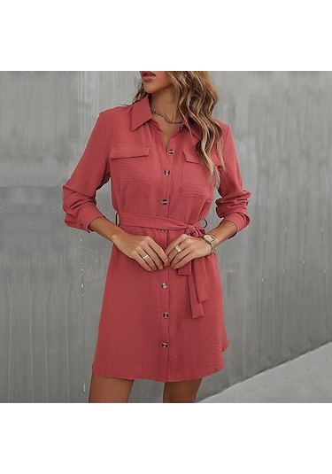 Novahub Erken Sonbahar Kadın Elbise, Uzun Kollu Tek Göğüslü Bağcıklı Düz Renk, Kahve Renkli, Viskoz Kumaş, Uzun Kollu, Diz Boyu, Gündelik Stil, Aile Tatil İstihdam Kahve