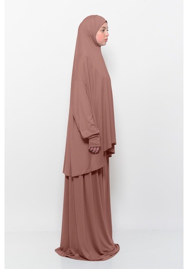 Pratik 2 Parça Pamuklu Yarasa Kollu Başörtülü Tesettür Namaz Elbisesi Toprak Antrasit