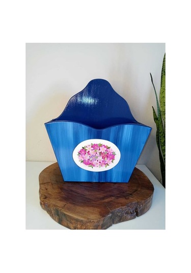 El Boyaması Ahşap Kapı Önü Ekmek Sepeti Mavi