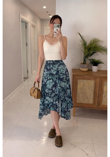 Lijuri Asimetrik Kesim Floral Etek 4093 Multi