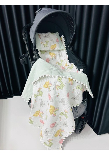 Dino 90 100 Çift Katlı Pikeli Müslin Battaniye Yastık Ve Alt Açma 3 Lü Set - Yeşil Yeşil