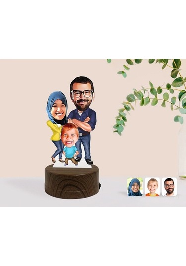 Kişiye Özel Tesettürlü Aile Karikatürlü Dekoratif 3D Biblo Led Iş (483006978)