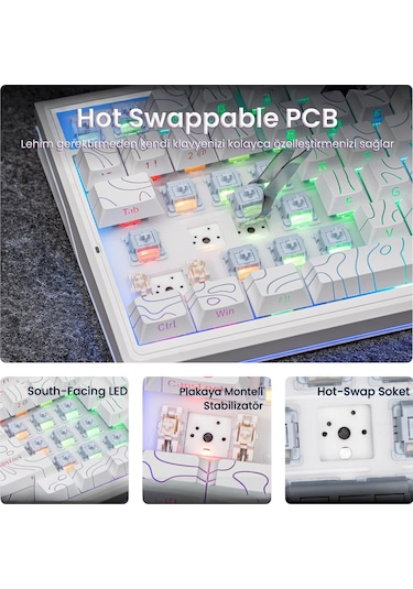 Aula F87 Pro V2 Mekanik Rgb Tkl Star Vector Switch Kablosuz Makrolu Hot Swap Klavye Desenli Beyaz