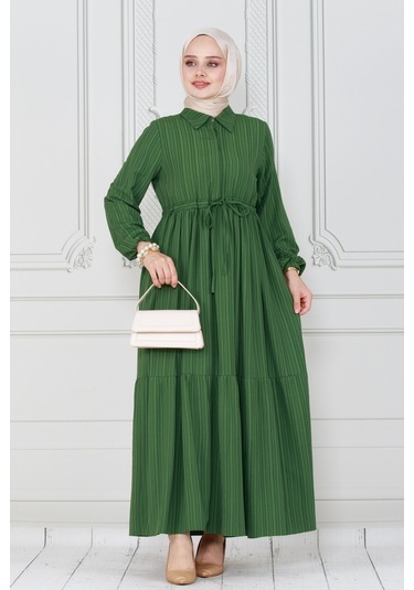 Gömlek Yaka Beli Tünelli Sare Elbise-yeşil-4075-yeşil Yeşil