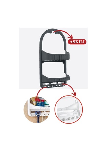 Flosoft 2 Raflı Şampuanlık, Duşa Asılabilir Vantuzlu Banyo Şampuan Sabun Kozmetik Düzenleyici Füme