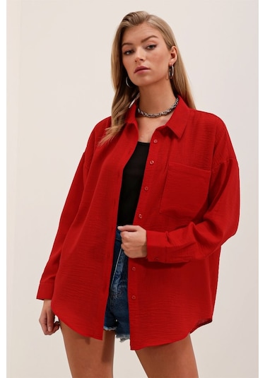 Gülsüm Aydın 20153 Tek Cepli Oversize Gömlek - Kırmızı Kırmızı