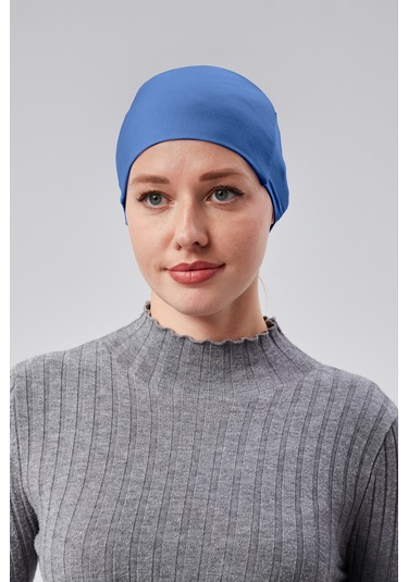 Kadın Tesettür Likralı Penye Dikişsiz Kaymaz Düz Bağlamalı Bone Açık Kot