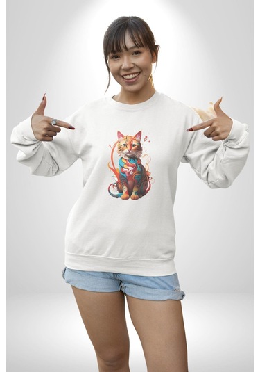 Renkli Yağlı Boya Kedi Unisex Beyaz Baskılı Sweatshirt Beyaz
