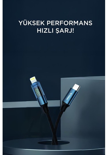 Torima U22 Type-c To Lightning 27 W Led Ekranlı Dayanıklı Örgü Hızlı Şarj Kablosu Siyah