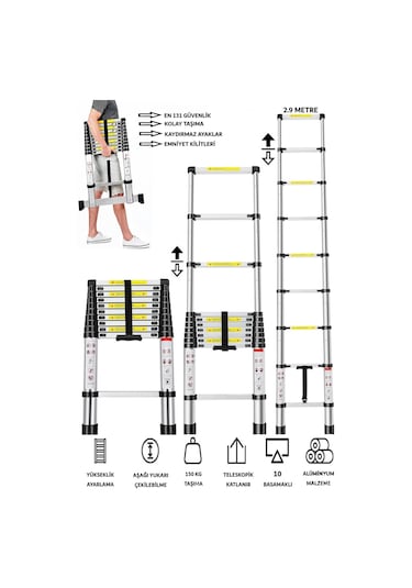 Alüminyum Katlanır Merdiven 2.9 Metre 10 Basamak