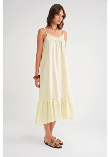 4740 Kadın Askılı Müslin Midi Elbise Sarı Sarı