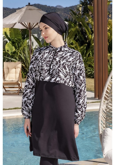 Mayom Tam Kapalı Crop Model Çizgi Desenli Tesettür Mayo - 2524 Siyah-beyaz