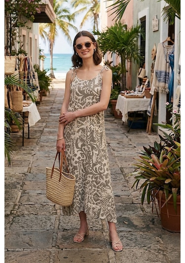 Lela Regular Fit Ip Askılı Uzun Bayan Elbise 5865732 Ekru-Olive