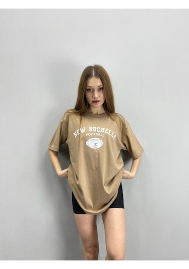 Flood Of Style Kadın Açık Kahve New Rochelle Baskılı Oversize Bisiklet Yaka Tshirt Lacivert