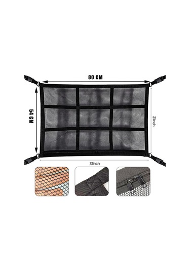 Shineyee "2 Katlı Araç Tavanı Depolama Filesi - 9 Bölmeli Güçlendirilmiş Siyah Model 80x54cm "