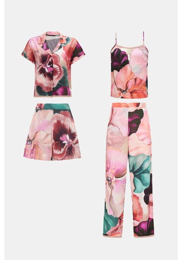 Paradise Sklamen 4'lü Dokuma Viskon Önden Düğmeli Pijama Takım Seti Desenli