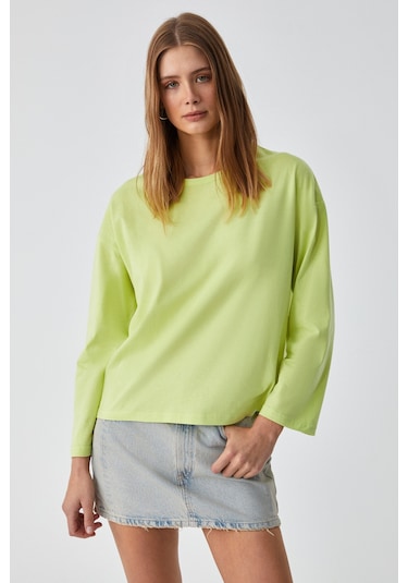 BASIL Kadını Oversize %100 Organik Pamuk Örme Uzun Kol Yeşil T-Shirt