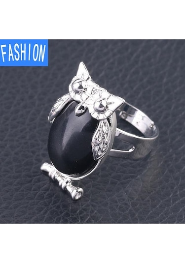 Siyah Akik Metal Baykuş Dışbükey Doğal Kristal Kakma Ayarlanabilir Yüzük Çok Renkli
