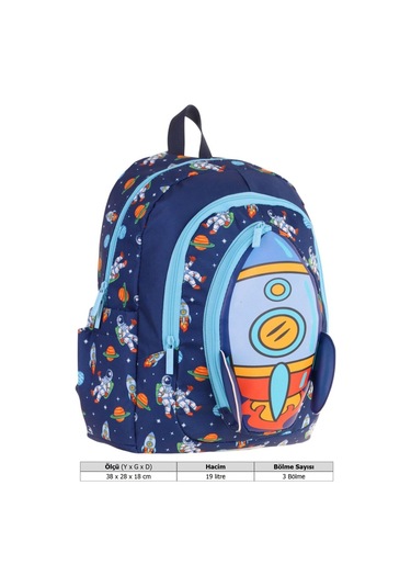 Kaukko Kids Üç Gözlü Erkek Çocuk Okul Sırt Çantası Roket Detaylı - L5260 Lacivert