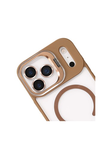 İphone Uyumlu 17 Pro Kılıf Remim Magsafe Lensli Kamera Standlı Kapak Kahverengi