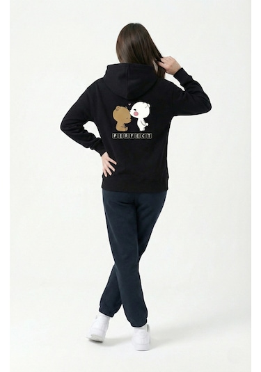 Nevermind Unisex Oversize Ayıcık Baskılı Çift Hoodie Siyah