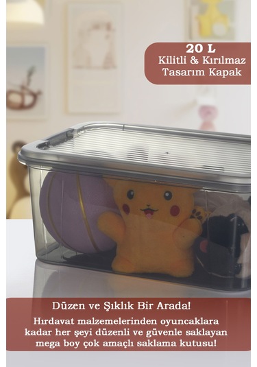 20 Lt Multibox Saklama Kabı - Kilitli Kapaklı Çok Amaçlı Düzenleyici Kiler Depolama Saklama Kutusu Siyah