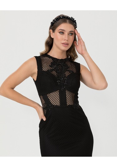 Balık Form Sıfır Yaka Tül Abiye-siyah Siyah