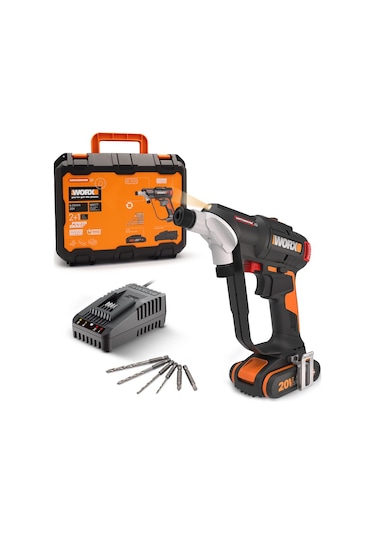 WORX WX177 20V 2.0Ah Li-ion Döner Kafa ve Çift Mandrenli Profesyonel Kömürsüz Şarjlı Matkap + 6 Parça Uç