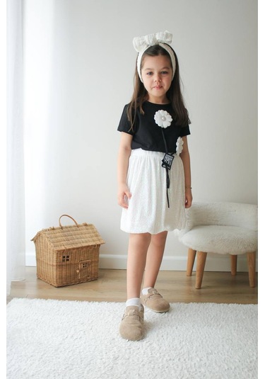 Kız Çocuk Pamuklu Papatya Aplike Detaylı T-shirt Balon Etek Altüst Takım 2 Parça Papatya Çok Renkli