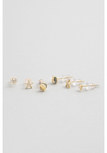 Deniz İkonları 18 Ayar Sarı Altın Kaplama Gümüş Çoklu Küpe Sarı