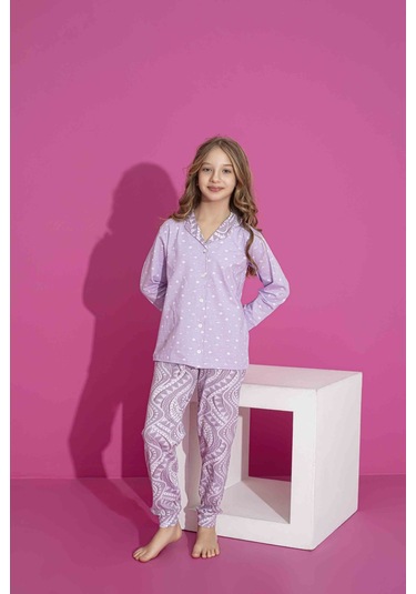Tarık 6-13 Yaş Kız Çocuk Önden Düğmeli Pijama 3017250 - Lila Lila