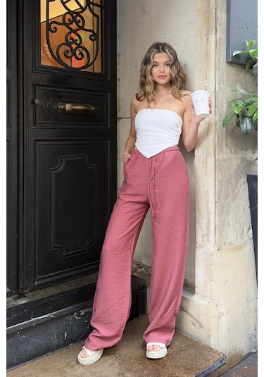 Pembe Keten Karışımlı Bol Kesim Pantolon Gül Kurusu