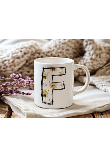 F Harfi Arı Desenli Kupa - Sevimli Hayvan Temalı Kişiye Özel Kahve Kupası - Şans Kupası Beyaz