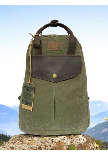 Vintage Deri Kanvas Su Geçirmez Disayn Unisex Gezi Okul Kamp Seyahat Sırt Çantası 28x39cm Haki