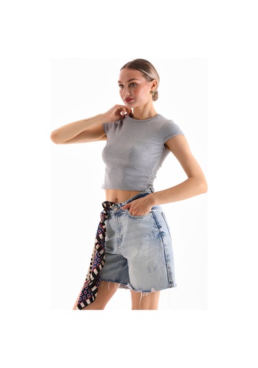 Kadın Likralı Kısa Kol Crop Bluz Gri