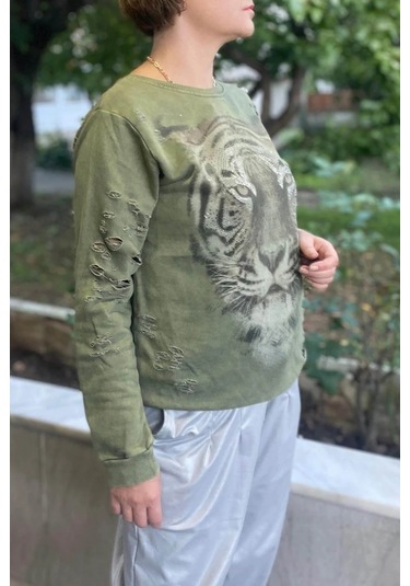 Kadın Haki Kaplan Desenli Sweat Haki