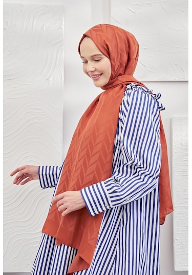 Armanda Jakarlı Şal - Zigzag Desenli - Kiremit - Kiremit