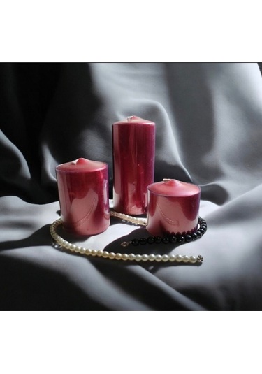 Denic 3 lü Mum Seti  Metalik Kırmızı Blok Mum  Konik Silindir Mum   Baton Mum