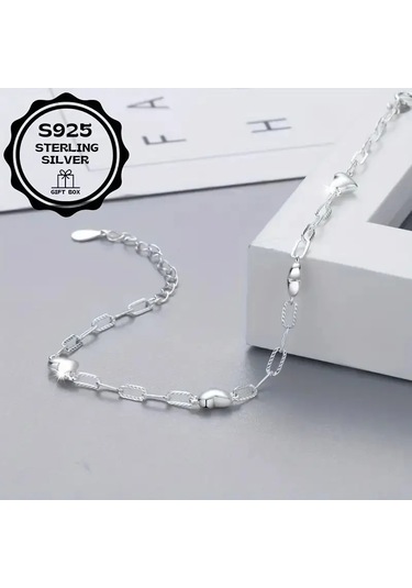 Heart Chain 925 Ayar Sade Şık Zincir Kalpli Gümüş Bileklik Çok Renkli